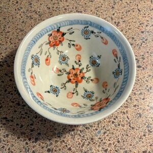 Boleslawiec Polish Pottery 6.5" Cereal Salad Serving Bowl Pink Blue Floral